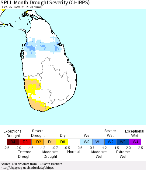 Sri Lanka SPI 1-Month Drought Severity (CHIRPS) Thematic Map For 10/26/2020 - 11/25/2020