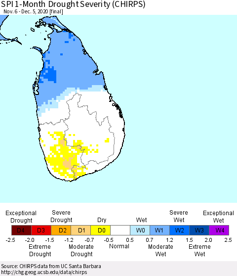 Sri Lanka SPI 1-Month Drought Severity (CHIRPS) Thematic Map For 11/6/2020 - 12/5/2020