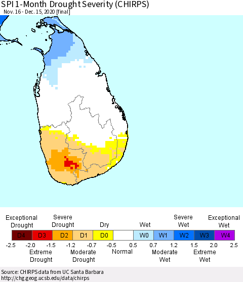 Sri Lanka SPI 1-Month Drought Severity (CHIRPS) Thematic Map For 11/16/2020 - 12/15/2020
