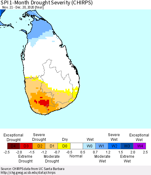 Sri Lanka SPI 1-Month Drought Severity (CHIRPS) Thematic Map For 11/21/2020 - 12/20/2020