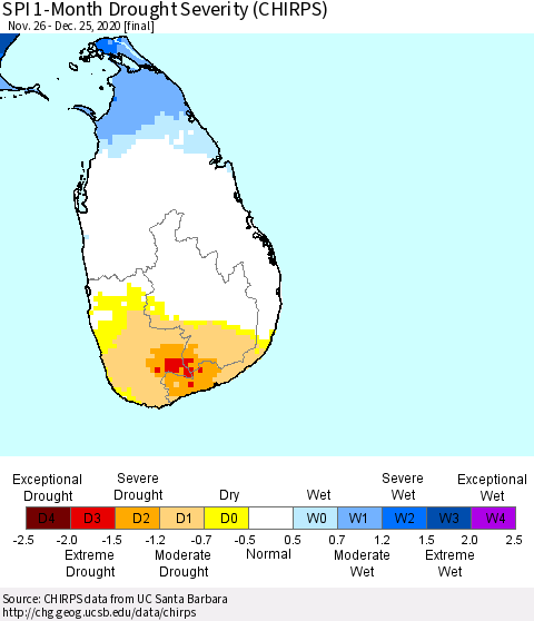 Sri Lanka SPI 1-Month Drought Severity (CHIRPS) Thematic Map For 11/26/2020 - 12/25/2020