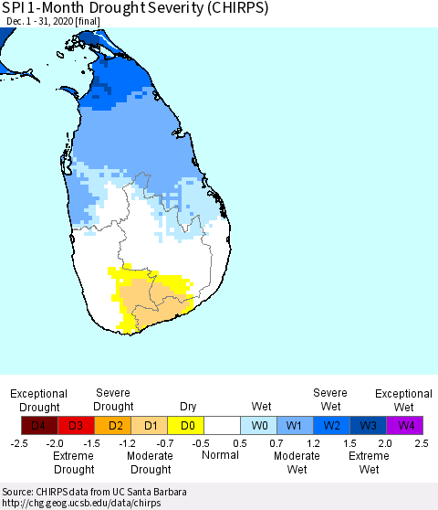 Sri Lanka SPI 1-Month Drought Severity (CHIRPS) Thematic Map For 12/1/2020 - 12/31/2020