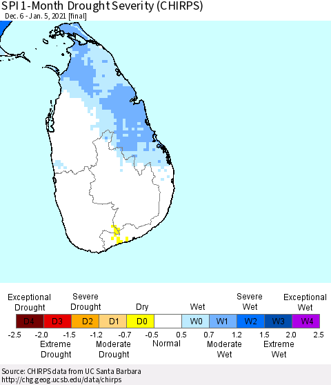 Sri Lanka SPI 1-Month Drought Severity (CHIRPS) Thematic Map For 12/6/2020 - 1/5/2021