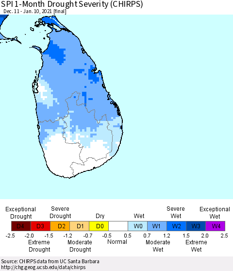 Sri Lanka SPI 1-Month Drought Severity (CHIRPS) Thematic Map For 12/11/2020 - 1/10/2021