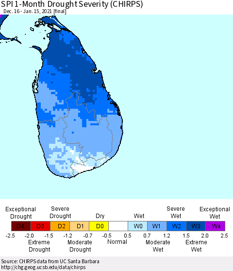 Sri Lanka SPI 1-Month Drought Severity (CHIRPS) Thematic Map For 12/16/2020 - 1/15/2021