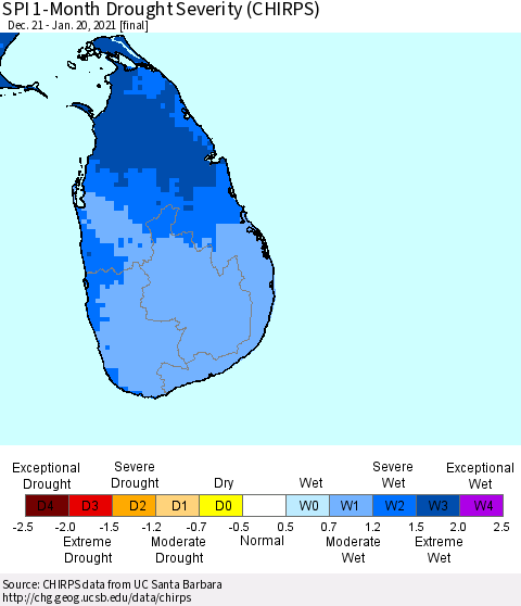 Sri Lanka SPI 1-Month Drought Severity (CHIRPS) Thematic Map For 12/21/2020 - 1/20/2021