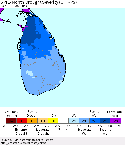 Sri Lanka SPI 1-Month Drought Severity (CHIRPS) Thematic Map For 1/1/2021 - 1/31/2021