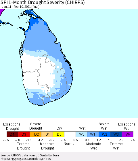 Sri Lanka SPI 1-Month Drought Severity (CHIRPS) Thematic Map For 1/11/2021 - 2/10/2021