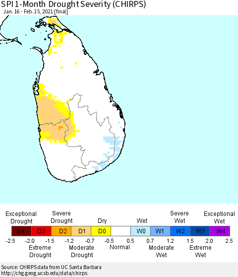 Sri Lanka SPI 1-Month Drought Severity (CHIRPS) Thematic Map For 1/16/2021 - 2/15/2021