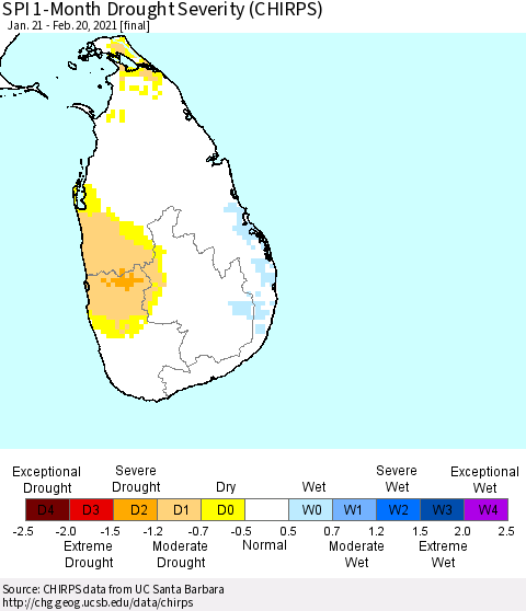 Sri Lanka SPI 1-Month Drought Severity (CHIRPS) Thematic Map For 1/21/2021 - 2/20/2021
