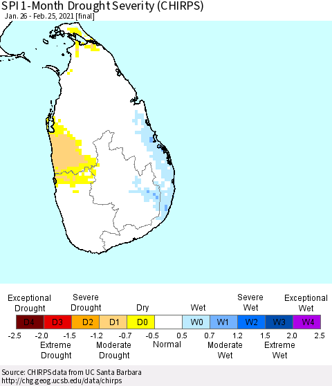 Sri Lanka SPI 1-Month Drought Severity (CHIRPS) Thematic Map For 1/26/2021 - 2/25/2021