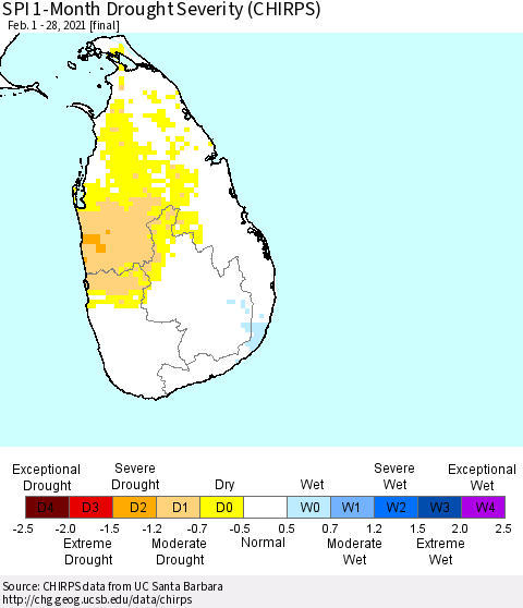 Sri Lanka SPI 1-Month Drought Severity (CHIRPS) Thematic Map For 2/1/2021 - 2/28/2021