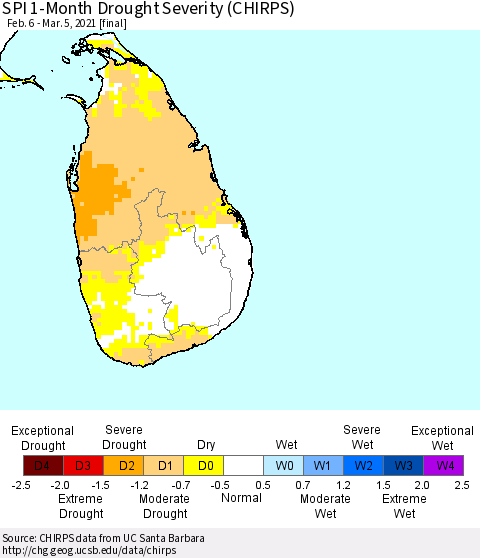 Sri Lanka SPI 1-Month Drought Severity (CHIRPS) Thematic Map For 2/6/2021 - 3/5/2021