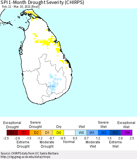 Sri Lanka SPI 1-Month Drought Severity (CHIRPS) Thematic Map For 2/11/2021 - 3/10/2021