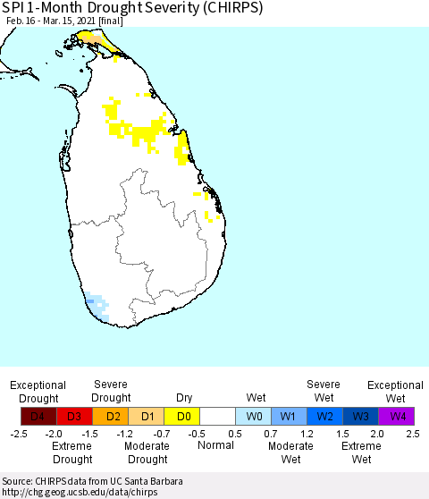 Sri Lanka SPI 1-Month Drought Severity (CHIRPS) Thematic Map For 2/16/2021 - 3/15/2021
