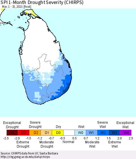 Sri Lanka SPI 1-Month Drought Severity (CHIRPS) Thematic Map For 3/1/2021 - 3/31/2021