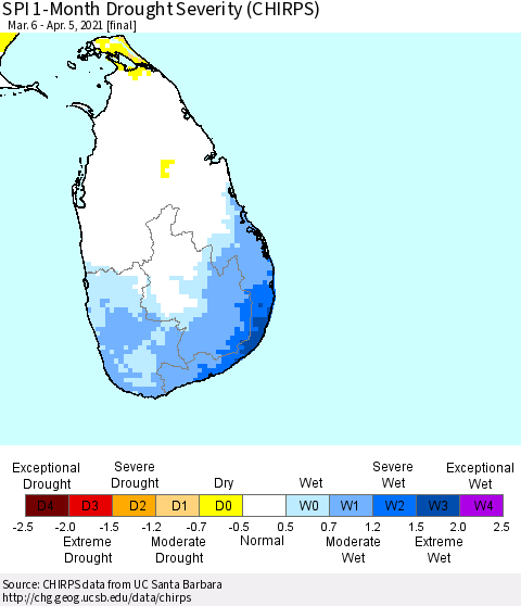 Sri Lanka SPI 1-Month Drought Severity (CHIRPS) Thematic Map For 3/6/2021 - 4/5/2021