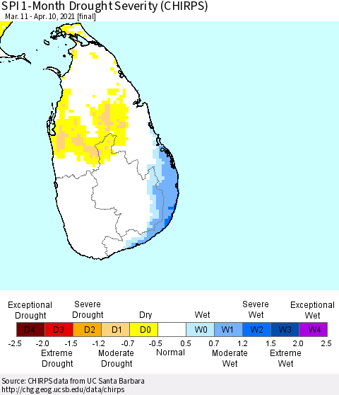 Sri Lanka SPI 1-Month Drought Severity (CHIRPS) Thematic Map For 3/11/2021 - 4/10/2021