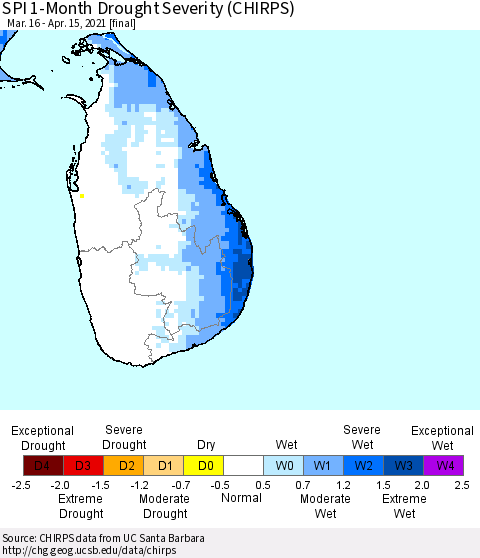 Sri Lanka SPI 1-Month Drought Severity (CHIRPS) Thematic Map For 3/16/2021 - 4/15/2021