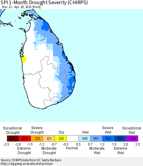 Sri Lanka SPI 1-Month Drought Severity (CHIRPS) Thematic Map For 3/21/2021 - 4/20/2021