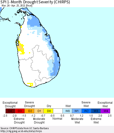 Sri Lanka SPI 1-Month Drought Severity (CHIRPS) Thematic Map For 3/26/2021 - 4/25/2021