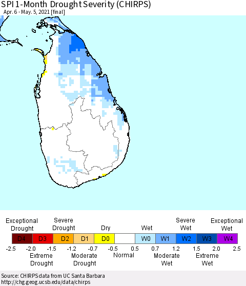 Sri Lanka SPI 1-Month Drought Severity (CHIRPS) Thematic Map For 4/6/2021 - 5/5/2021