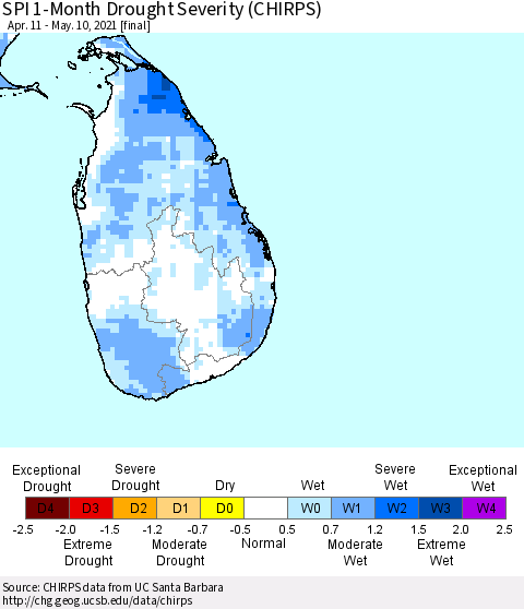 Sri Lanka SPI 1-Month Drought Severity (CHIRPS) Thematic Map For 4/11/2021 - 5/10/2021