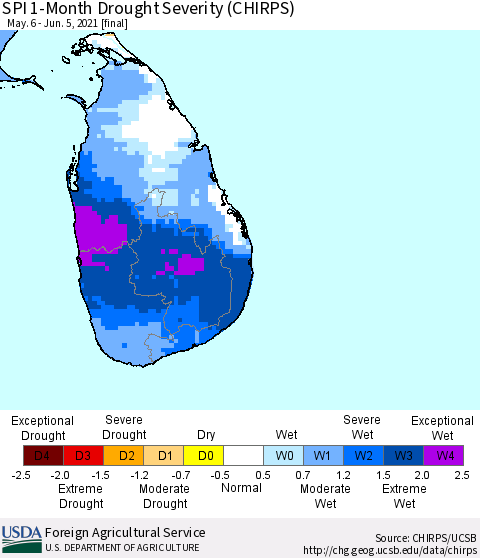 Sri Lanka SPI 1-Month Drought Severity (CHIRPS) Thematic Map For 5/6/2021 - 6/5/2021