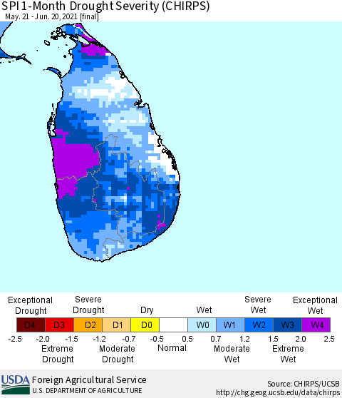 Sri Lanka SPI 1-Month Drought Severity (CHIRPS) Thematic Map For 5/21/2021 - 6/20/2021