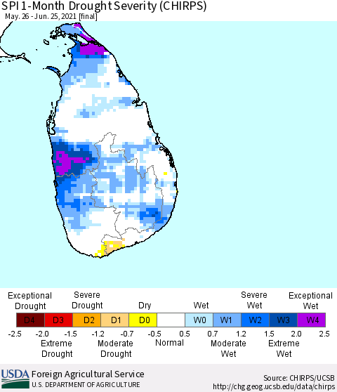 Sri Lanka SPI 1-Month Drought Severity (CHIRPS) Thematic Map For 5/26/2021 - 6/25/2021