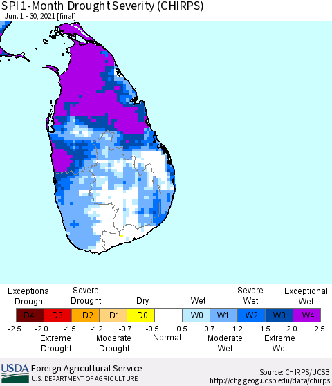 Sri Lanka SPI 1-Month Drought Severity (CHIRPS) Thematic Map For 6/1/2021 - 6/30/2021
