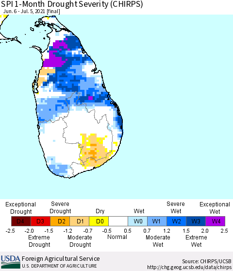 Sri Lanka SPI 1-Month Drought Severity (CHIRPS) Thematic Map For 6/6/2021 - 7/5/2021