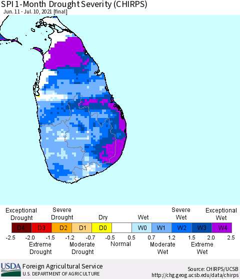Sri Lanka SPI 1-Month Drought Severity (CHIRPS) Thematic Map For 6/11/2021 - 7/10/2021