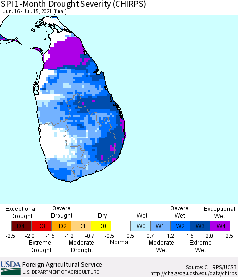 Sri Lanka SPI 1-Month Drought Severity (CHIRPS) Thematic Map For 6/16/2021 - 7/15/2021