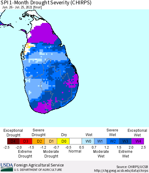 Sri Lanka SPI 1-Month Drought Severity (CHIRPS) Thematic Map For 6/26/2021 - 7/25/2021