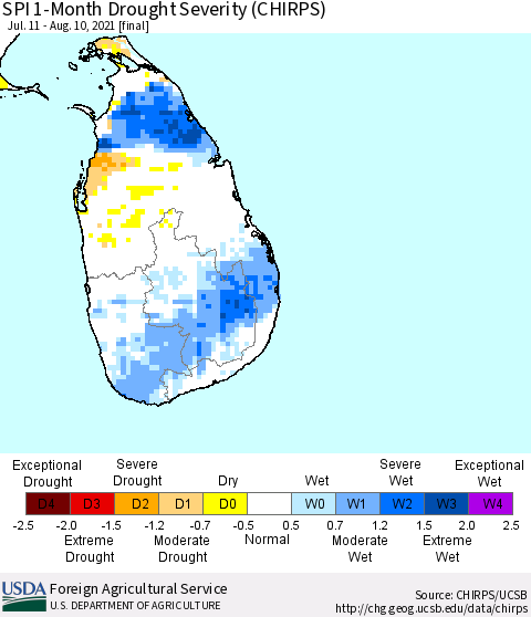 Sri Lanka SPI 1-Month Drought Severity (CHIRPS) Thematic Map For 7/11/2021 - 8/10/2021