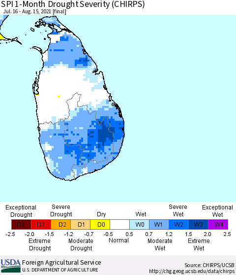 Sri Lanka SPI 1-Month Drought Severity (CHIRPS) Thematic Map For 7/16/2021 - 8/15/2021