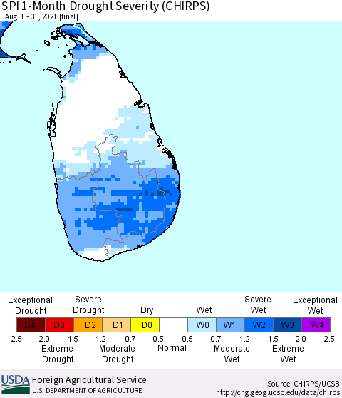 Sri Lanka SPI 1-Month Drought Severity (CHIRPS) Thematic Map For 8/1/2021 - 8/31/2021