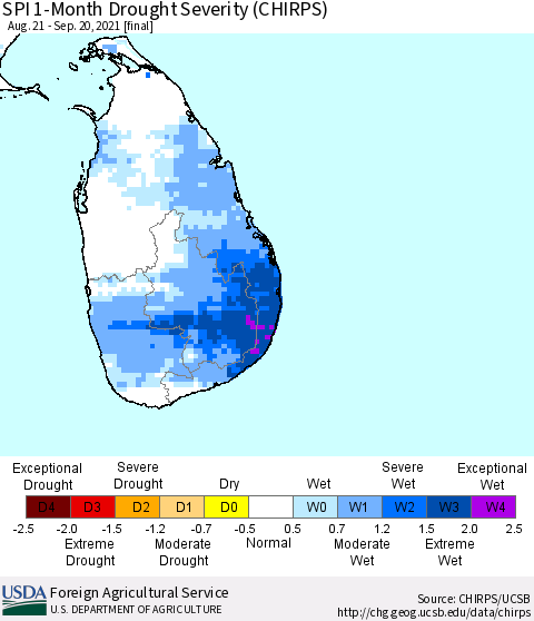 Sri Lanka SPI 1-Month Drought Severity (CHIRPS) Thematic Map For 8/21/2021 - 9/20/2021