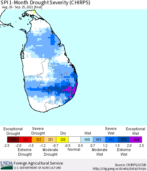 Sri Lanka SPI 1-Month Drought Severity (CHIRPS) Thematic Map For 8/26/2021 - 9/25/2021