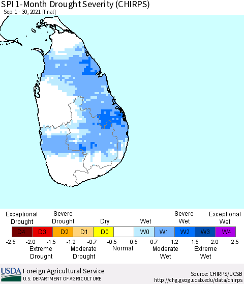 Sri Lanka SPI 1-Month Drought Severity (CHIRPS) Thematic Map For 9/1/2021 - 9/30/2021