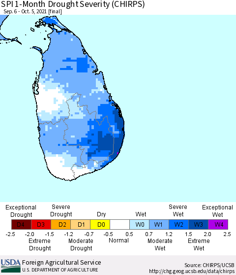 Sri Lanka SPI 1-Month Drought Severity (CHIRPS) Thematic Map For 9/6/2021 - 10/5/2021