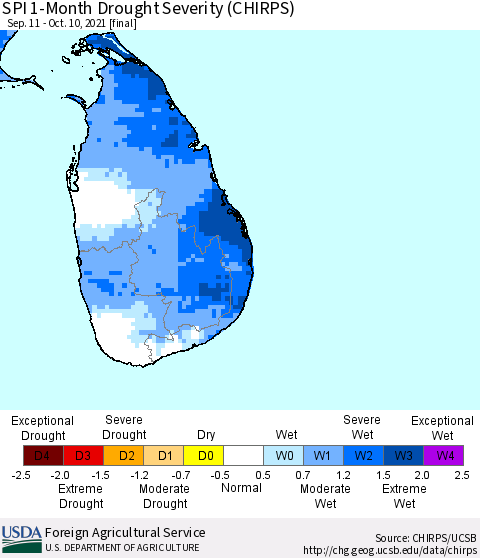 Sri Lanka SPI 1-Month Drought Severity (CHIRPS) Thematic Map For 9/11/2021 - 10/10/2021