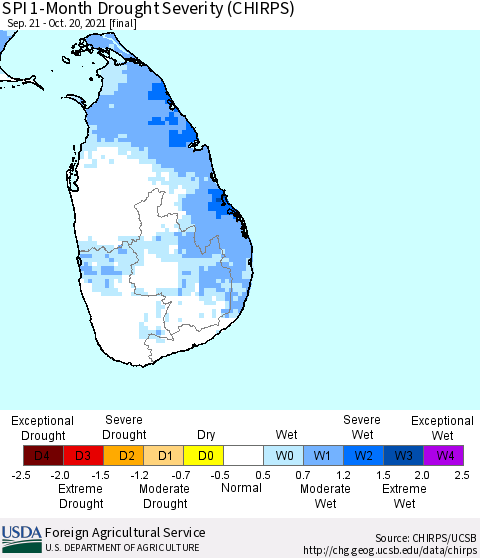 Sri Lanka SPI 1-Month Drought Severity (CHIRPS) Thematic Map For 9/21/2021 - 10/20/2021