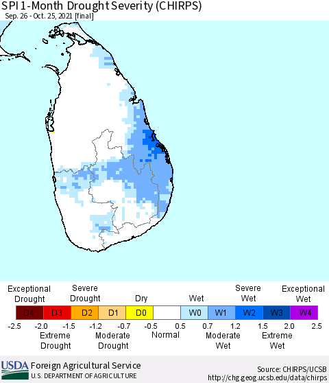 Sri Lanka SPI 1-Month Drought Severity (CHIRPS) Thematic Map For 9/26/2021 - 10/25/2021