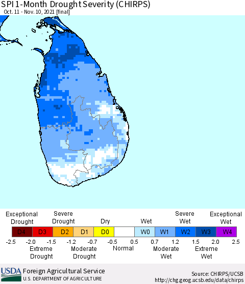 Sri Lanka SPI 1-Month Drought Severity (CHIRPS) Thematic Map For 10/11/2021 - 11/10/2021