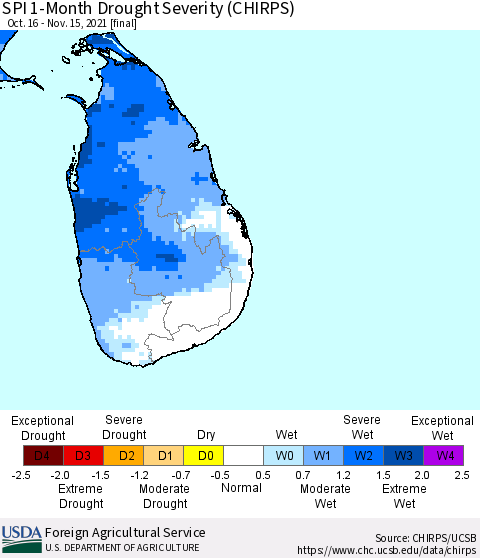 Sri Lanka SPI 1-Month Drought Severity (CHIRPS) Thematic Map For 10/16/2021 - 11/15/2021