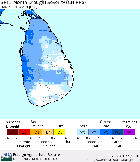 Sri Lanka SPI 1-Month Drought Severity (CHIRPS) Thematic Map For 11/6/2021 - 12/5/2021