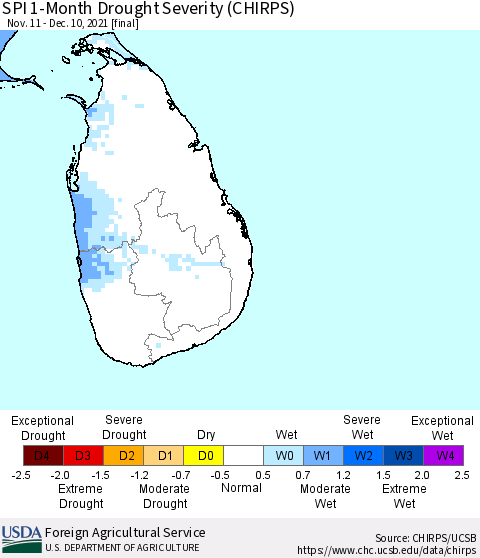 Sri Lanka SPI 1-Month Drought Severity (CHIRPS) Thematic Map For 11/11/2021 - 12/10/2021