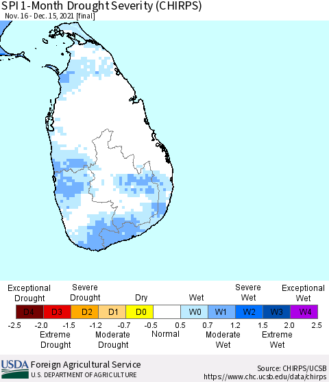 Sri Lanka SPI 1-Month Drought Severity (CHIRPS) Thematic Map For 11/16/2021 - 12/15/2021